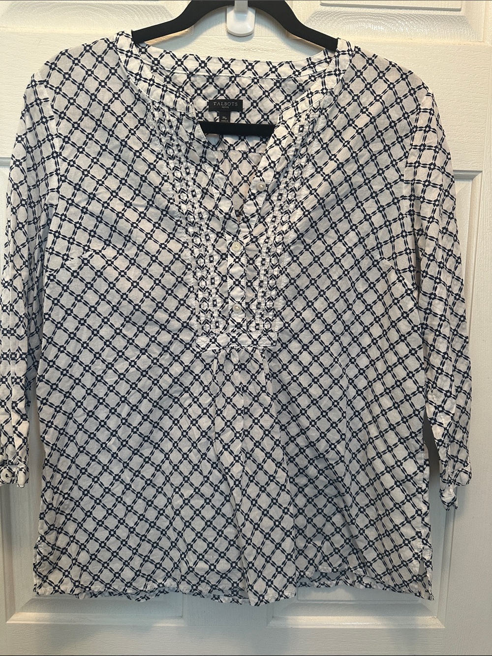 Talbots White and Navy 3/4 Sleeve 100% Cotton Lightweight Peasant Blouse MP